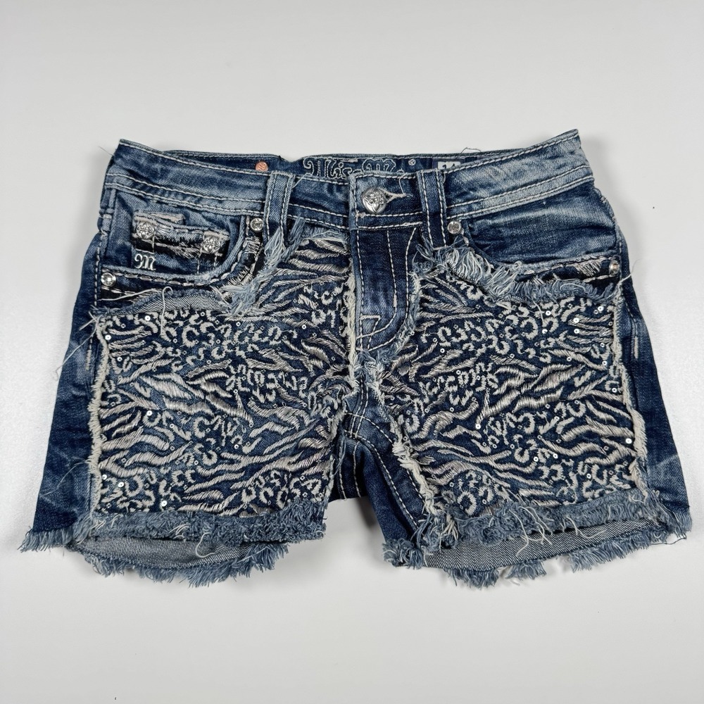 MISS ME Women's Denim Shorts Embroidered Zebra Pattern - 14